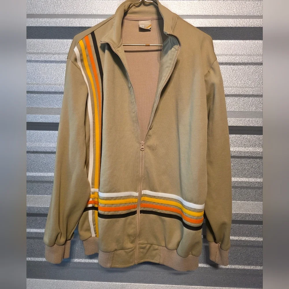 Men's Tan Zip-Up Sweater with Stripes - Picture 1 of 4